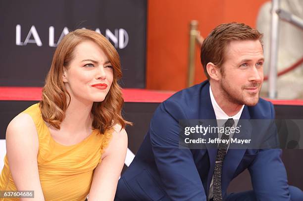 Actress Emma Stone and actor Ryan Gosling attend the Hand And Footprint Ceremony for Ryan Gosling and Emma Stone at the TCL Chinese Theatre IMAX on...