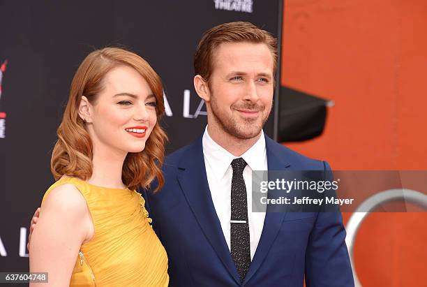 Actress Emma Stone and actor Ryan Gosling attend the Hand And Footprint Ceremony for Ryan Gosling and Emma Stone at the TCL Chinese Theatre IMAX on...