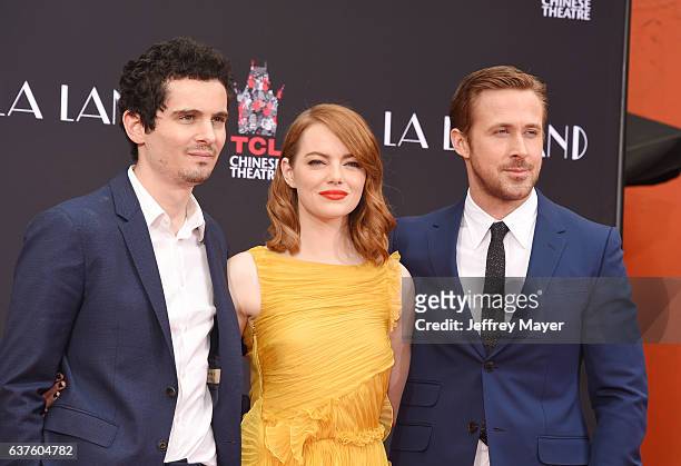 Director Damien Chazelle; Emma Stone; Ryan Gosling attend the Hand And Footprint Ceremony for Ryan Gosling and Emma Stone at the TCL Chinese Theatre...