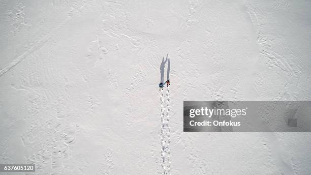 aerial view family snowshoeing outdoor in winter - fotspår bildbanksfoton och bilder