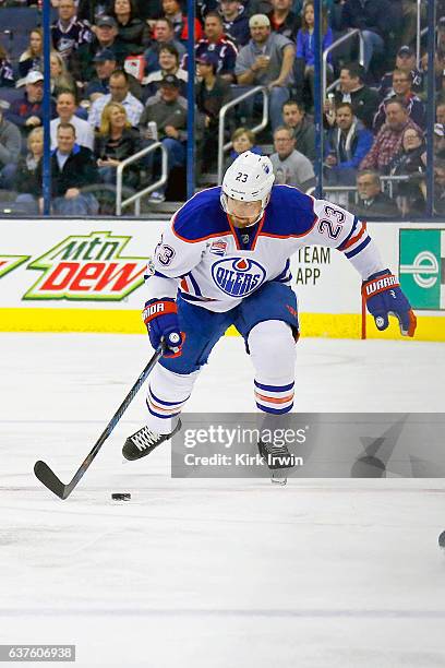 Matt Hendricks of the Edmonton Oilers controls the puck during the game against the Columbus Blue Jackets on January 3, 2017 at Nationwide Arena in...