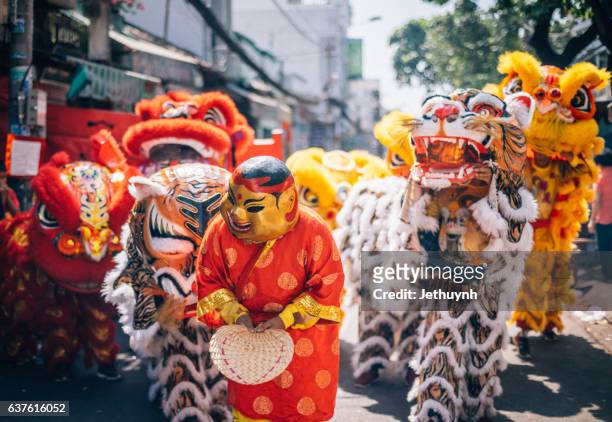 crowd and lion dancers in the celebration of the chinese new year in street at cho lon, ho chi minh city - ホーチミン ストックフォトと画像