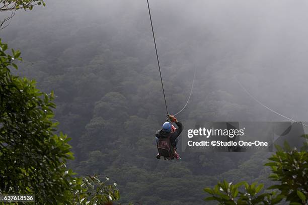 zip lining in the fog - foresta pluviale di monteverde foto e immagini stock