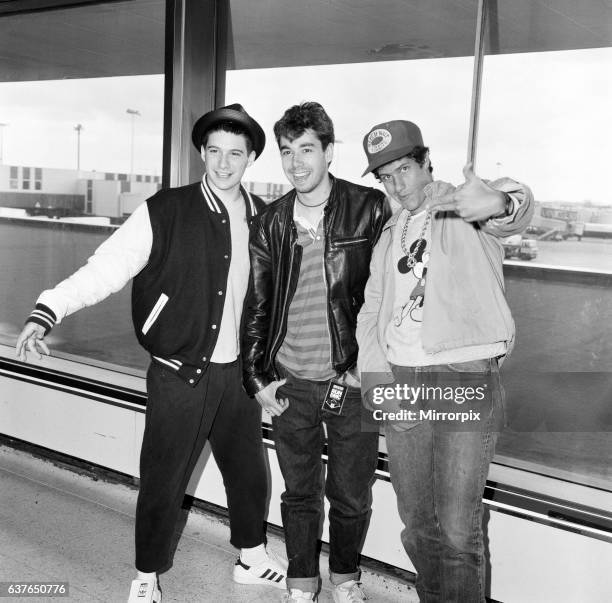 The Beastie Boys, Adam Horovitz , Adam Yauch and Michael Diamond at London Airport. 13th May 1987.