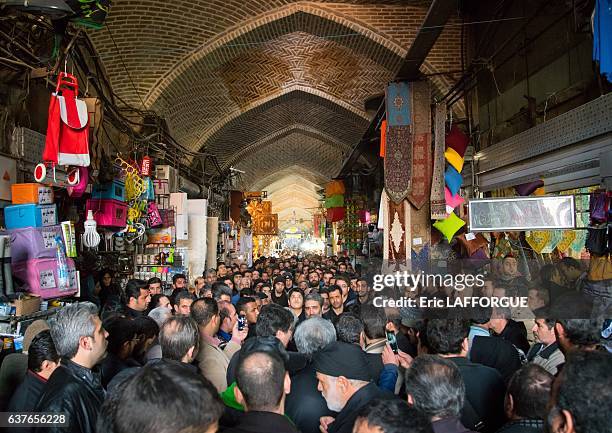 Iranian shiite muslim men celebrating Ashura in the bazaar in the Central District on December 20, 2015 in Tehran, Iran.