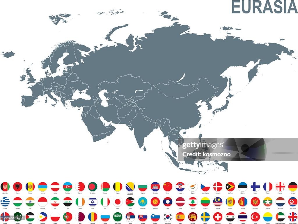 Graue Karte von Eurasien mit Flagge vor weißem Hintergrund