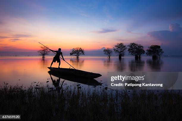 the man paddle of beautiful sunrise in lake. - oar fish stock pictures, royalty-free photos & images
