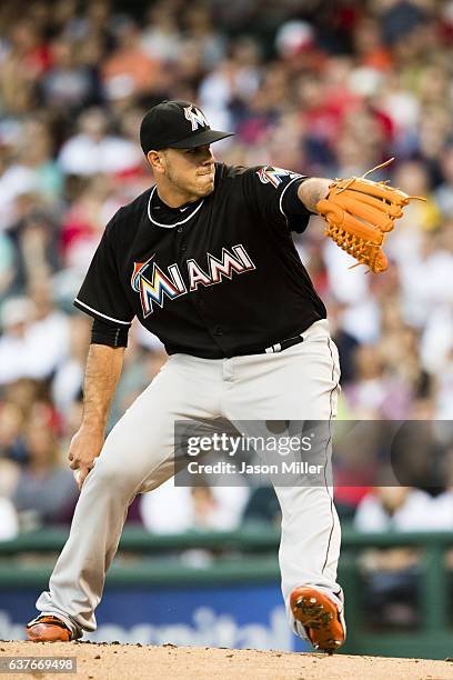 Starting pitcher Jose Fernandez of the Miami Marlins pitches during the first inning against the Cleveland Indians during an interleague game at...