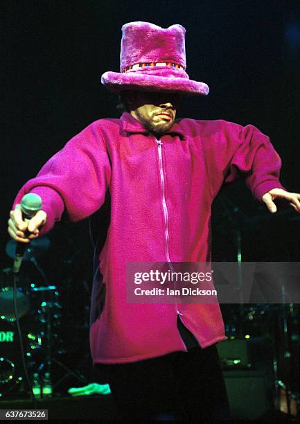 Jay Kay of Jamiroquai performing on stage at The Forum, Kentish Town, London, 11 November 1996.