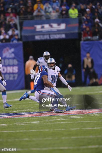 Cornerback Asa Jackson of the Detroit Lions in action against the New York Giants during their game at MetLife Stadium on December 18, 2016 in East...