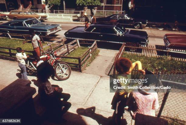 On the sidewalk lined with cars and pedestrians, this West Side neighborhood spends the afternoon outside, including a young woman combing her female...