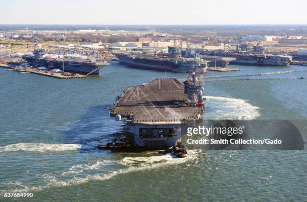 Nimitz-class aircraft carrier USS Dwight D Eisenhower arrives at Naval Station Norfolk after a six-month deployment to the United States 5th and 6th...