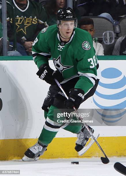 Lauri Korpikoski of the Dallas Stars handles the puck against the Florida Panthers at the American Airlines Center on December 31, 2016 in Dallas,...