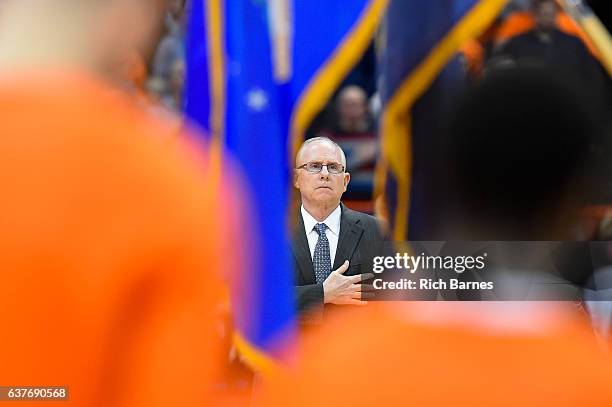 Head coach Jim Larranaga of the Miami Hurricanes looks on during the National Anthem prior to the game against the Syracuse Orange at the Carrier...