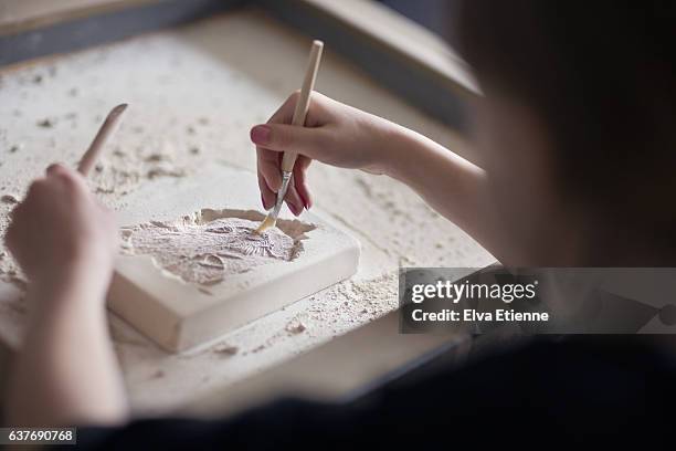 child digging for dinosaur fossils - archaeology tools stock pictures, royalty-free photos & images