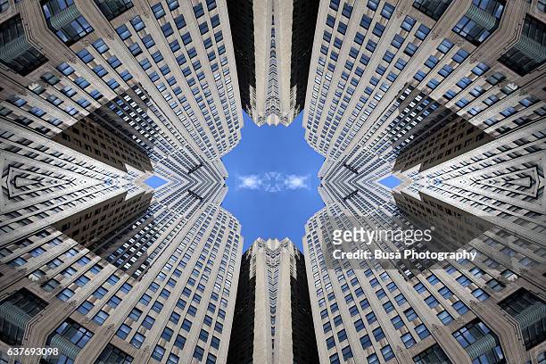 abstract image: kaleidoscopic image of highrise in midtown manhattan, new york city, usa - kaleidoscope stock-fotos und bilder