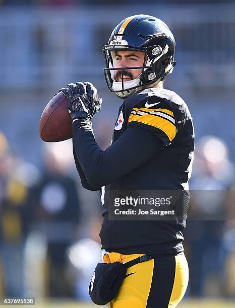 Landry Jones of the Pittsburgh Steelers warms up prior to the game against the Cleveland Browns at Heinz Field on January 1, 2017 in Pittsburgh,...