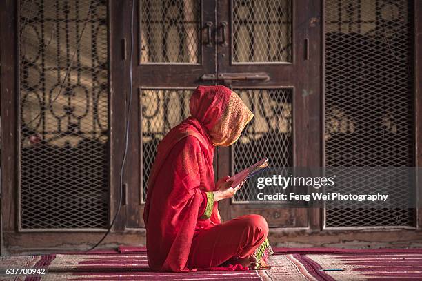 woman reading @ wazir khan mosque, lahore, punjab, pakistan - pakistan-women stock pictures, royalty-free photos & images