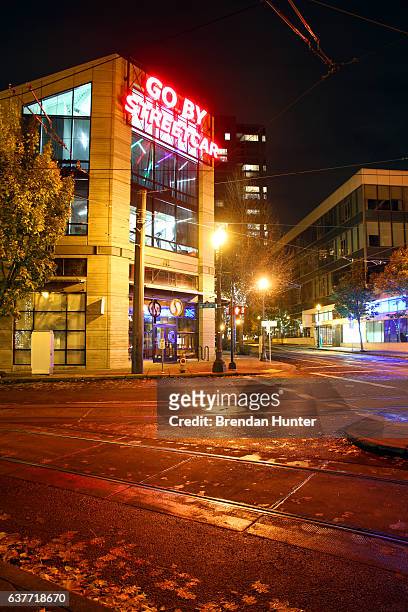 streetcar corner - portland neon sign stock pictures, royalty-free photos & images