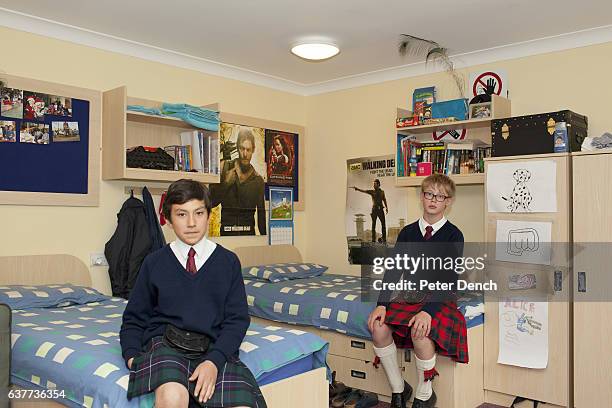 Prep school pupils at Fettes College, Christian and Alexander in the dormitory they share. Fettes College is a private coeducational independent...