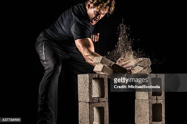 male fighter breaking bricks - punching stock pictures, royalty-free photos & images