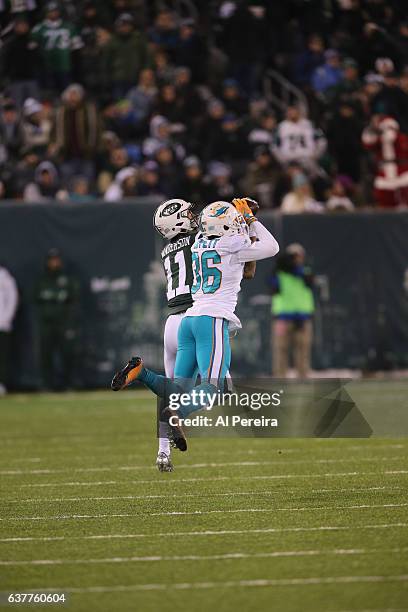 Cornerback Tony Lippett of the Miami Dolphins has an Interception against the New York Jets at MetLife Stadium on December 17, 2016 in East...