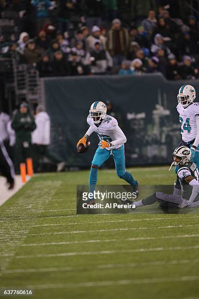 Cornerback Tony Lippett of the Miami Dolphins has an Interception against the New York Jets at MetLife Stadium on December 17, 2016 in East...