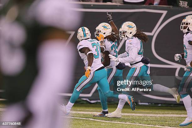 Safety Walt Aikens of the Miami Dolphins scores a Touchdown against the New York Jets at MetLife Stadium on December 17, 2016 in East Rutherford, New...