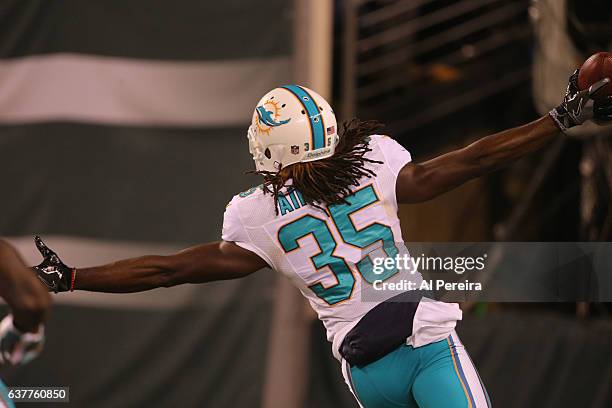 Safety Walt Aikens of the Miami Dolphins scores a Touchdown against the New York Jets at MetLife Stadium on December 17, 2016 in East Rutherford, New...