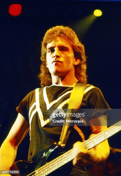 Canadian rock band Saga in concert at Hammersmith Odeon. Pictured, Jim Crichton. 10th November 1983.
