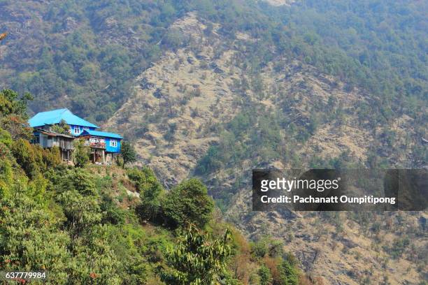 blue houses situated on beautiful himalayan forest mountain in nepal - himalayas stock pictures, royalty-free photos & images