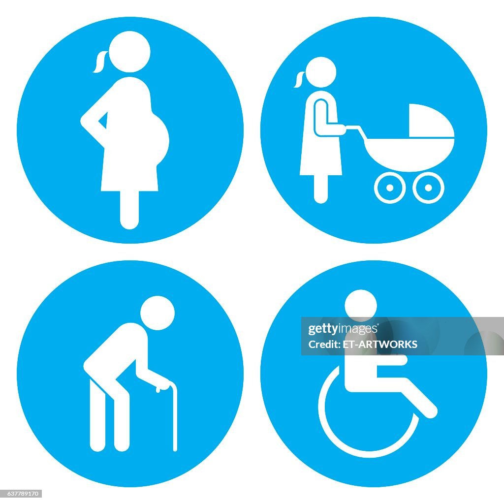 Pregnant, baby carriage, Walking stick and wheelchair Icons