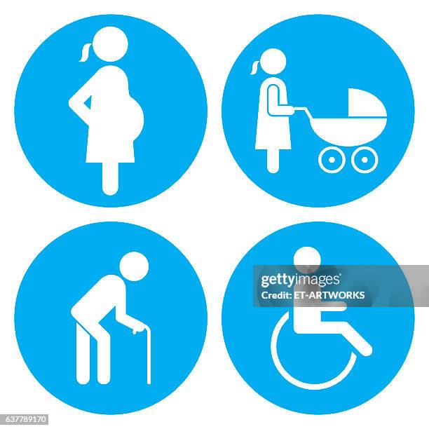 pregnant, baby carriage, walking stick and wheelchair icons - pregnant stock illustrations