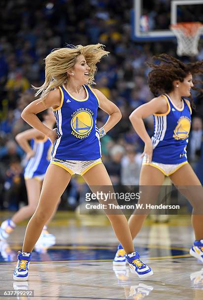 The Golden State Warriors Dance Team performs during an NBA basketball game between the Portland Trail Blazers and Golden State Warriors at ORACLE...