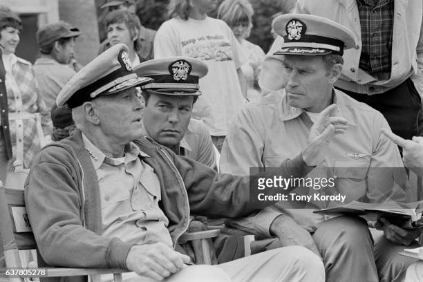 Henry Fonda, Robert Wagner and Charlton Heston on the Set of Midway