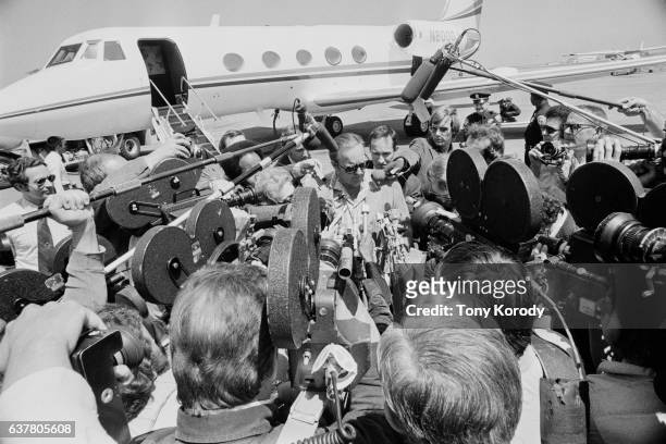 Patty Hearst's parents, Catherine Wood Campbell and Randolph Apperson Hearst , arrive on board private jet from La Paz, Mexico, after vacation, on 16...