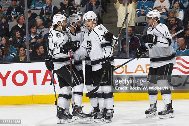 Drew Doughty, Jake Muzzin, Tanner Pearson, Jeff Carter and Anze Kopitar of the Los Angeles Kings celebrate after scoring a goal against the San Jose...