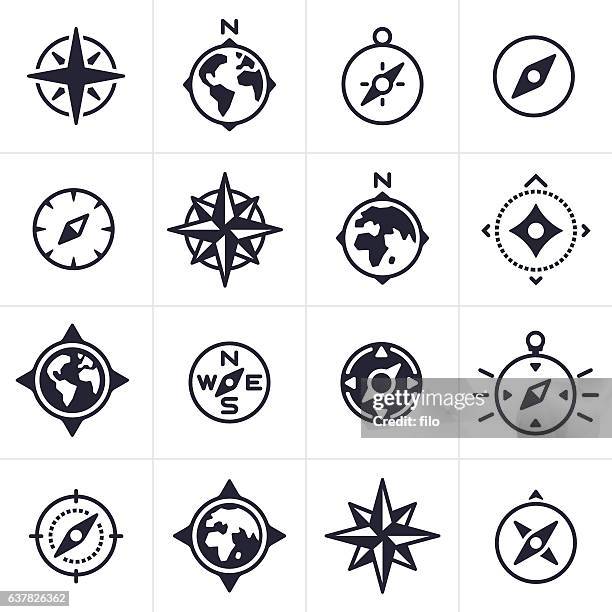 illustrazioni stock, clip art, cartoni animati e icone di tendenza di icone e simboli di navigazione bussola e mappa - nord
