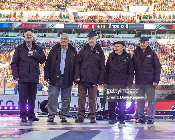 Legends Glen Hall, Johnny Bucyk, Red Kelly, Johnny Bower and David Keon are honored before the 2017 Scotiabank NHL Centennial Classic game between...