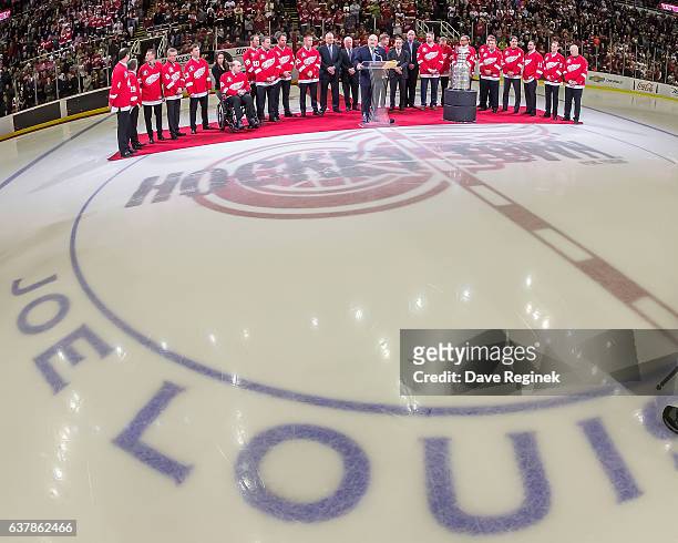 Former Head Coach-Director of Player Personnel Scotty Bowman of the Detroit Red Wings 1997 Stanley Cup Team addresses the fans during the Twenty Year...