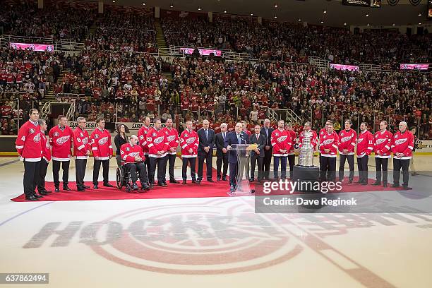 Former Head Coach-Director of Player Personnel Scotty Bowman of the Detroit Red Wings 1997 Stanley Cup Team addresses the fans during the Twenty Year...