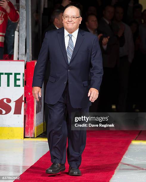 Former Head Coach-Director of Player Personnel Scotty Bowman of the Detroit Red Wings 1997 Stanley Cup Team walks out for the Twenty Year Anniversary...