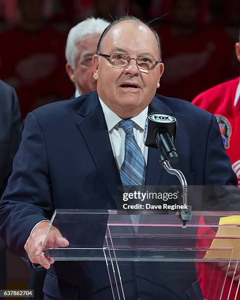 Former Head Coach-Director of Player Personnel Scotty Bowman of the Detroit Red Wings 1997 Stanley Cup Team addresses the fans during the Twenty Year...