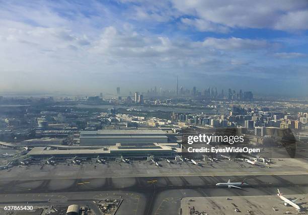 Skyline of Dubai, with skyscrapers Burj Khalifa , Princess Tower, 23 Marina, W Marriott Marquis Hotel Dubai 1 + 2, Emirates Office Tower, The Torch,...