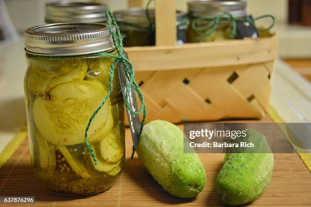 canned bread and butter pickles freshly processed - sliced pickles fotografías e imágenes de stock