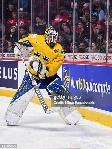 Felix Sandstrom of Team Sweden skates behind his net during the 2017 IIHF World Junior Championship bronze medal game against Team Russia at the Bell...