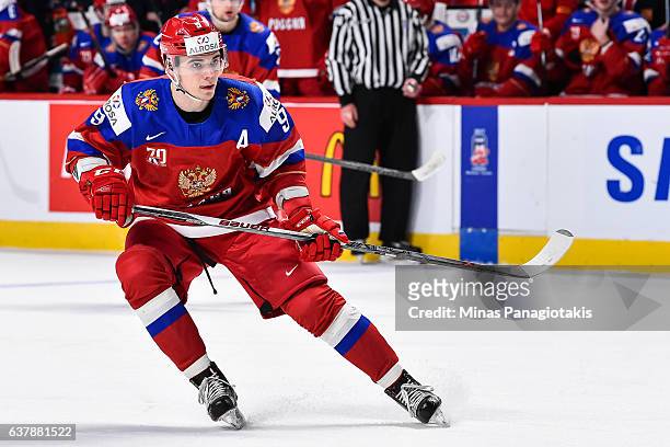 Danila Kvartalnov of Team Russia skates during the 2017 IIHF World Junior Championship bronze medal game against Team Sweden at the Bell Centre on...