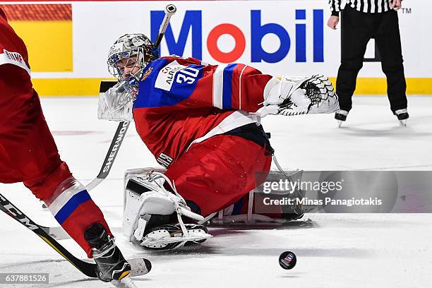 Ilya Samsonov of Team Russia watches the puck fly past him during the 2017 IIHF World Junior Championship bronze medal game against Team Sweden at...