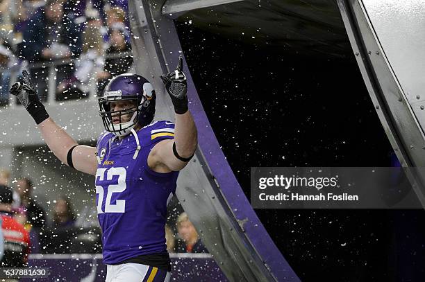 Chad Greenway of the Minnesota Vikings is introduced before the game against the Chicago Bears on January 1, 2017 at US Bank Stadium in Minneapolis,...