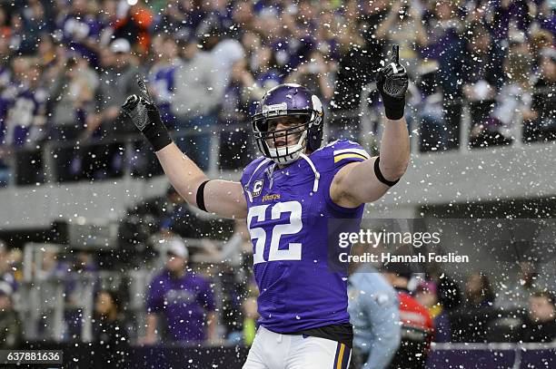 Chad Greenway of the Minnesota Vikings is introduced before the game against the Chicago Bears on January 1, 2017 at US Bank Stadium in Minneapolis,...